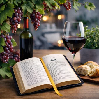 Bibel mit Brot, Weintrauben, Flasch Rotwein und Glas Rotwein | © Claudia Lüth